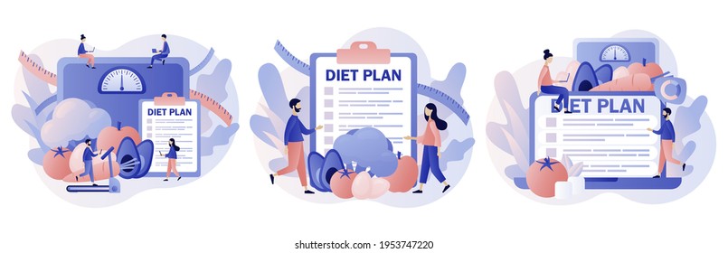 dieta nutritiva. Plan de dieta con alimentos saludables con verduras, fruta y actividad física. Nutricionista en línea. Estilo moderno de dibujos animados planos. Ilustración del vector sobre fondo blanco