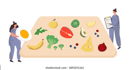 Nutrition Diet Plan.
Nutritionist Doctor or Dietitian Holding Clipboard with Diet Plan.Healthy Food and Diet Planning.Healthy Nutrition.Vegan Eating.Protein Products for Keto Diet.Vector Illustration