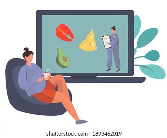 Nutrition Diet Plan.
Nutritionist Doctor or Dietitian Holding Clipboard with Diet Plan.Healthy Food and Diet Planning.Healthy Nutrition.Vegan Eating.Protein Products for Keto Diet.Vector Illustration