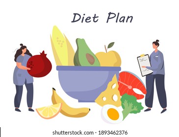Nutrition Diet Plan.
Nutritionist Doctor or Dietitian Holding Clipboard with Diet Plan.Healthy Food and Diet Planning.Healthy Nutrition.Vegan Eating.Protein Products for Keto Diet.Vector Illustration