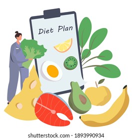 Nutrition Diet Plan.
Nutritionist Doctor or Dietitian Holding Clipboard with Diet Plan.Healthy Food and Diet Planning.Healthy Nutrition.Vegan Eating.Protein Products for Keto Diet.Vector Illustration