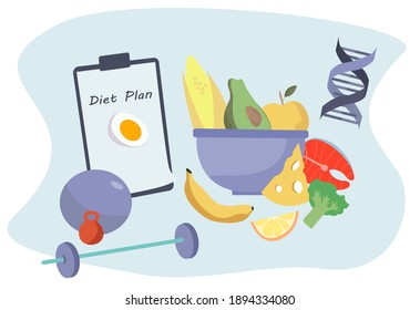 Nutrition Diet Plan.
Nutritionist Doctor or Dietitian Holding Clipboard with Diet Plan.Healthy Food and Diet Planning.Healthy Nutrition.Vegan Eating.Protein Products for Keto Diet.Vector Illustration