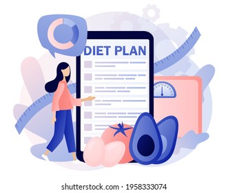 Nutrition diet. Tiny girl follow diet plan with healthy food with vegetables, fruit and physical activity use smartphone app. Nutritionist online. Modern flat cartoon style. Vector illustration