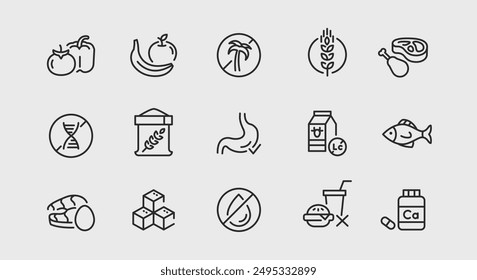 Nutrition and dietary icons. Large set of nutrition and dietary trendy minimal icons. Vegetables, Fruits, Meat icon. Design signs for web page, mobile app, packaging design. Vector illustration