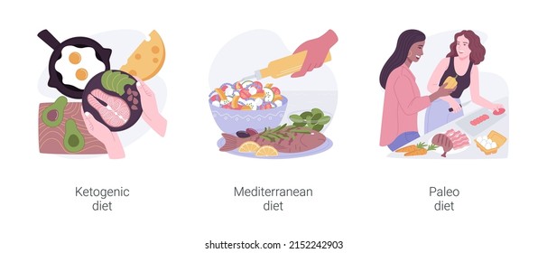 Nutrition and dieting isolated cartoon vector illustrations set. Ketogenic diet, eating high fat dish, preparing Mediterranean meal, paleo nutrition plan, protein food, weight loss vector cartoon.