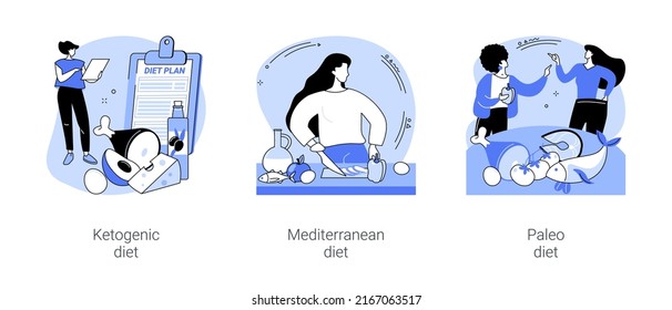 Nutrition and dieting isolated cartoon vector illustrations set. Ketogenic diet, eating high fat dish, preparing Mediterranean meal, paleo nutrition plan, protein food, weight loss vector cartoon.