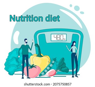 Nutrition diet.People on the background of fresh vegetables and a diet plan calculate calories.The concept of a healthy lifestyle and proper nutrition.Flat vector illustration in green.