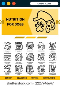 la nutrición de los iconos de perro establece un estilo lineal para ux, ui, media, aplicación, sitio web. La ilustración de vectores incluyó sistemas inmunológicos, cartílago de tiburón, digestión de perros, sulforafano, contacto veterinario