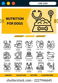 nutrición para perros concepto de línea detallada colección de iconos para sitio web, ux, ui, app. La ilustración de los vectores incluía alimentos para perros, elección, horarios de alimentación, comida para perros caseros, problemas saludables