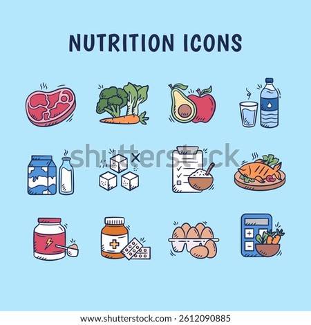 Nutrition doodle icon pack. Set of healthy food and lifestyle hand drawn vector illustration collection containing meat, vegetable, fruit, egg, milk, fish, protein, protein, mineral water.