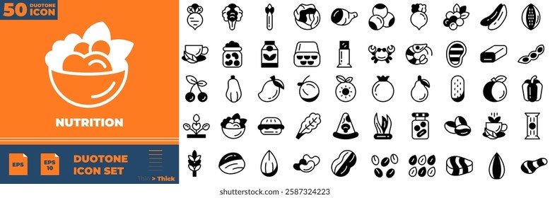 Nutrition Duotone Editable Icons set. Vector illustration in modern thin duotone style of nutrition icons: protein, vitamins, diet, etc