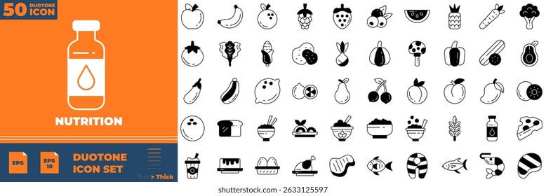 Nutrition Duotone Editable Icons set. Vector illustration in modern thin duotone style of nutrition icons: vegetables, fruits, desserts, etc