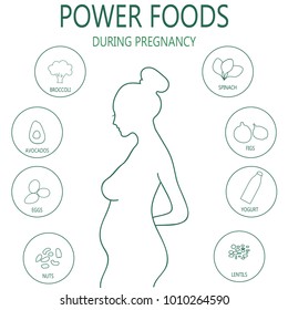 Nutrition during pregnancy. Guide to the proper nutrition of a woman during pregnancy. Contour silhouettes of food and woman. Vector illustration.