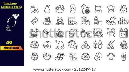 Nutrition Editable Stroke Icon Set. Includes icons for obesity, calorie counting, healthy food, palm oil-free products, probiotics, and more. This collection features editable outline icons focused on