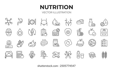 Nutrition editable stroke outline Icons set. Vitamins, calories, nutrition, fruits, vegetables, water, obesity, fiber, protein, sugar free, meal plan and carbohydrate. Vector illustration