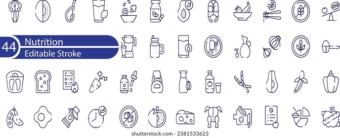 Nutrition editable stroke outline Icons set. Vitamins, calories, nutrition, fruits, vegetables, water, obesity, fiber, protein, sugar free, meal plan and carbohydrate and more.