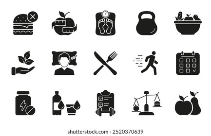 Nutrición, ejercicio, vida equilibrada, signo de glifo de nutrición saludable. Conjunto de iconos de silueta de estilo de vida saludable con símbolos de comida, fitness y bienestar. Ilustración vectorial aislada.