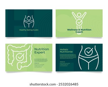 Um cartão de especialista em nutrição mostra serviços de saúde, incluindo orientação de bem-estar e nutrição holística. Apresentando um design moderno, promove hábitos alimentares saudáveis e bem-estar.