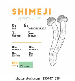 Nutrition fact of Shimeji mushrooms. Vector illustration. - Vector. Hand drawing a gourmet mushroom Shimeji. Style Vintage engraving. Vector illustration art. Isolated objects of nature.