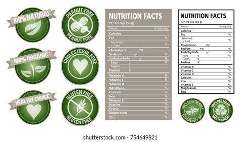 Nutrition fact table and package labels vector design