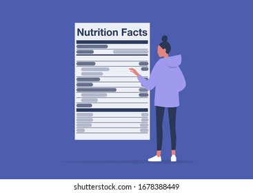 Nutrition facts, added sugar, healthy lifestyle, balance of ingredients in daily ration, young female character reading a product label