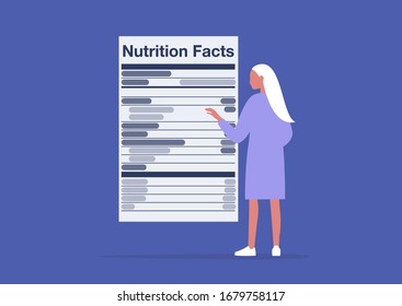 Nutrition Facts, Added Sugar, Healthy Lifestyle, Balance Of Ingredients In Daily Ration, Young Female Character Reading A Product Label