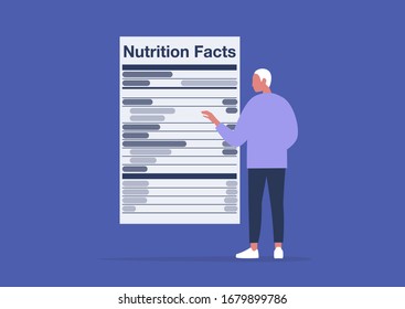 Nutrition Facts, Added Sugar, Healthy Lifestyle, Balance Of Ingredients In Daily Ration, Young Male Character Reading A Product Label