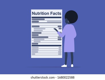 Nutrition Facts, Added Sugar, Healthy Lifestyle, Balance Of Ingredients In Daily Ration, Young Black Female Character Reading A Product Label