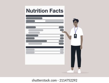 Nutrition facts, added sugar, healthy lifestyle, the balance of ingredients in daily ration, a young character with a badge explaining a product label
