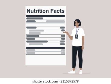 Nutrition facts, added sugar, healthy lifestyle, the balance of ingredients in daily ration, a young character with a badge explaining a product label