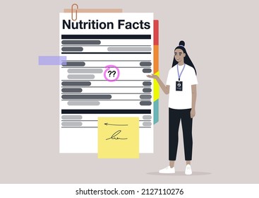 Nutrition Facts, Added Sugar, Healthy Lifestyle, The Balance Of Ingredients In Daily Ration, A Young Character With A Badge Explaining A Product Label