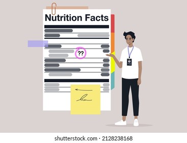 Nutrition facts, added sugar, healthy lifestyle, the balance of ingredients in daily ration, a young character with a badge explaining a product label