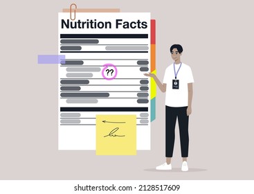 Nutrition facts, added sugar, healthy lifestyle, the balance of ingredients in daily ration, a young character with a badge explaining a product label