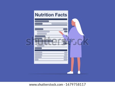 Nutrition facts, added sugar, healthy lifestyle, balance of ingredients in daily ration, young female character reading a product label