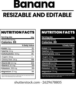 Fatos Nutricionais de Banana, Nível Nutricional, Fato Suplementar, Nível Suplementar Isolado no Fundo Branco e Preto