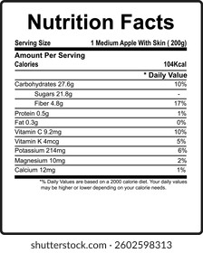 Nutrition facts, nutrition calculator, nutrition facts label, apple nutrition facts, supplement facts of an apple.