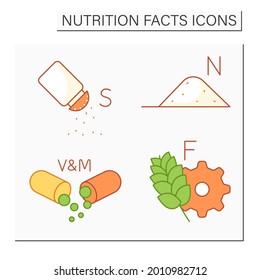 Nutrition facts color icons set. Vitamins and minerals, fiber, salt.Sodium content. Nutrition facts concept.Isolated vector illustrations