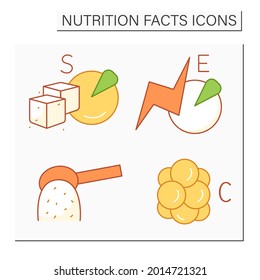 Nutrition facts color icons set. Add sugar carbohydrates.Energy value, cholesterol molecule. Nutrition facts concept.Isolated vector illustrations