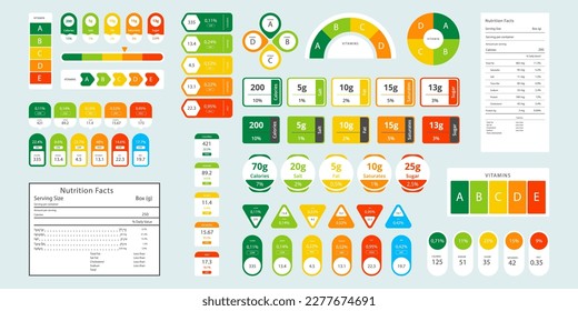 Nutrition facts composed labels collection. Set of nutrition facts tag