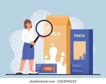 Nutrition facts concept. Woman with magnifying glass evaluates milk, fish and pasta. Composition of products, carbohydrates, proteins and fats, useful microelements. Cartoon flat vector illustration