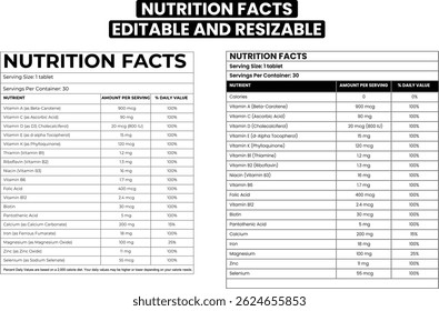 Fatos nutricionais , Modelo de rótulo de fatos nutricionais editáveis para vitaminas e suplementos, modelo de fatos de suplemento.