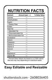 Nutrition facts  editable template, nutrition facts label vector illustration 