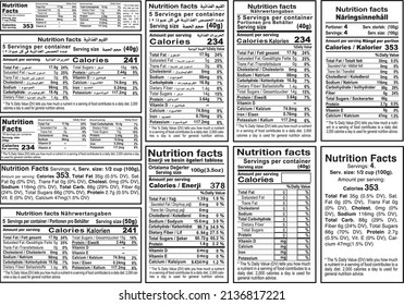 Nutrition Facts in English arabic german swedish and turkish language by American style. FDA