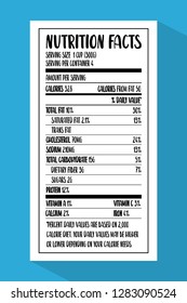 Nutrition facts given on piece of paper, information with percentage about fats, cholesterol and sodium, carbohydrates and protein vector illustration. 