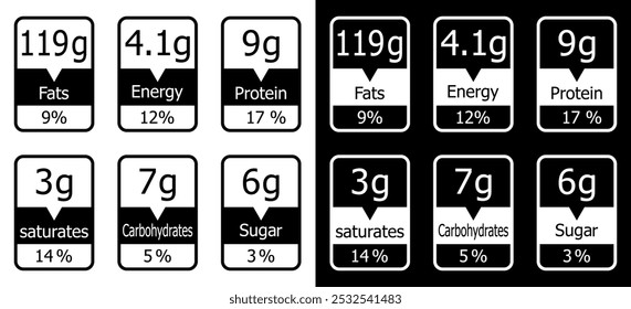 Datos nutricionales en gramos y valor diario en porcentajes. Información sobre micronutrientes e ingredientes alimentarios. Etiqueta de calorías, grasas, saturados, azúcares, proteínas, carbohidratos y Vectores de energía.