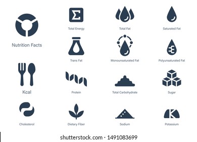 Nutrition Facts Icon In Glyph Style. Symbols Of Common Nutrients Food Products.