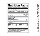 Nutrition Facts information label for box. Daily value ingredient calories, cholesterol and fats in grams and percent. Flat design, vector illustration on background.