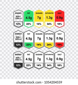 Nutrition Facts information label for box. Daily value ingredient calories, cholesterol and fats in grams and percent. Flat design, vector illustration on background