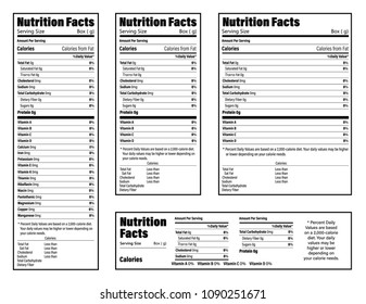 Nutrition Facts information label for box. Daily value ingredient calories, cholesterol and fats in grams and percent. Flat design, vector illustration on background