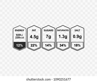 Nutrition Facts information label for box. Daily value ingredient calories, cholesterol and fats in grams and percent. Flat design, vector illustration on background